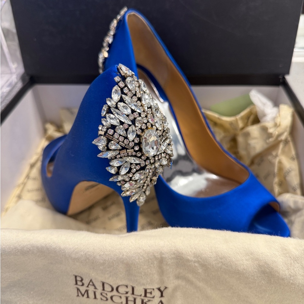 Badgley Mischka Blue Crystal Embellished Heels- Kiara Embellished Peep-toe Pump